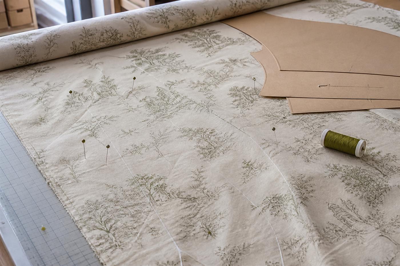 Chalk marks and darts pinned on cream toile fabric