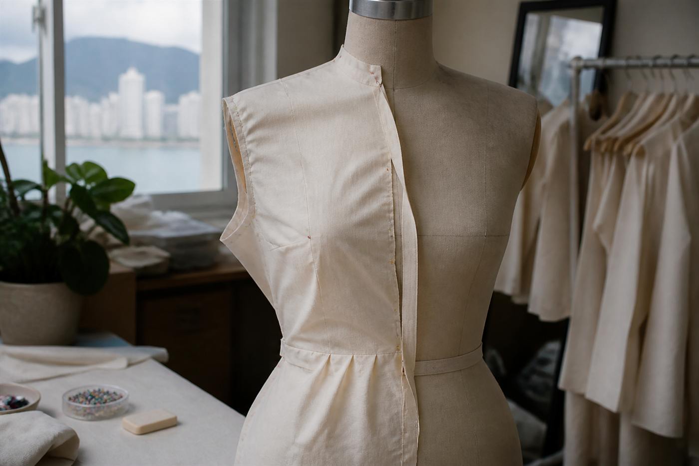 Pinned muslin toile on a dress form beside the atelier window