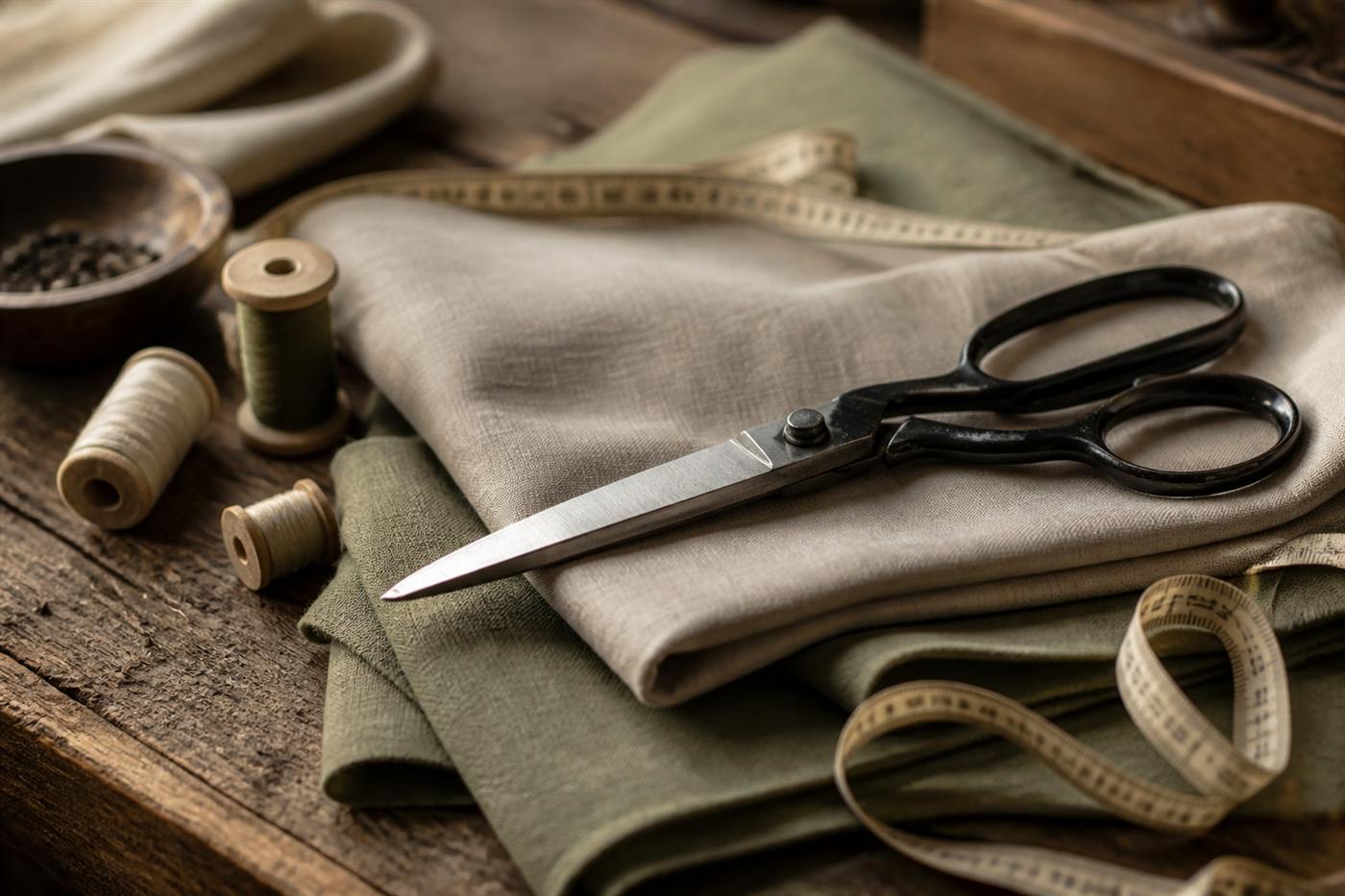 Tailor scissors and measuring tape on linen
