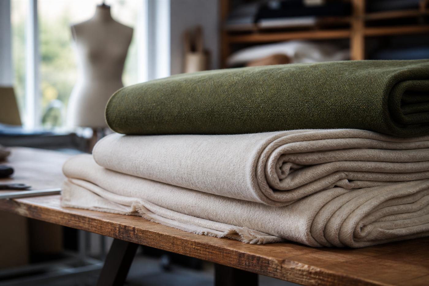 Olive and cream wool bolts on the cutting table at Umpire Keynote Atelier